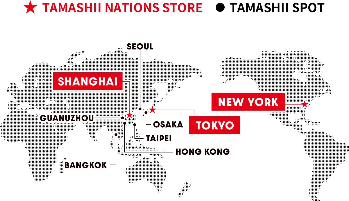 TAMASHII NATIONS STOREとTAMASHII SPOTの店舗展開マップ。TAMASHII NATIONS STOREは東京、上海、ニューヨークに展開。TAMASHII SPOTは大阪、香港、台北、広州、バンコク、ソウルに展開。