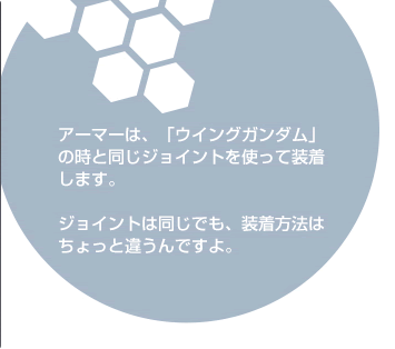 アーマーは、「ウィングガンダム」の時と同じジョイントを使って装着します。　ジョイントは同じでも、装着方法はちょっと違うんですよ。