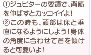 1 ジュピターの要領で、背筋を伸ばすとカッコイイよ！ 2 この時も、頭部は床と垂直になるようにしよう！ 身体の角度に合わせて首を傾けると可愛いよ！