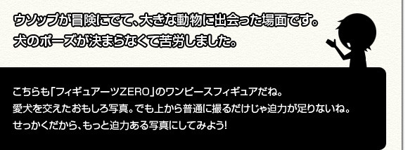 [撮影者]ウソップが冒険にでて、大きな動物に出会った場面です。犬のポーズが決まらなくて苦労しました。[シイタマくん]こちらも「フィギュアーツZERO」のワンピースフィギュアだね。愛犬を交えたおもしろ写真。でも上から普通に撮るだけじゃ迫力が足りないね。せっかくだから、もっと迫力ある写真にしてみよう！