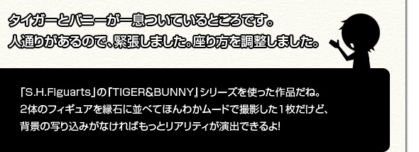 [撮影者]タイガーとバニーが一息ついているところです。人通りがあるので、緊張しました。座り方を調整しました。[シイタマくん]「S.H.Figuarts」の『TIGER＆BUNNY』シリーズを使った作品だね。2体のフィギュアを縁石に並べてほんわかムードで撮影した1枚だけど、背景の映り込みがなければもっとリアリティが演出できるよ！