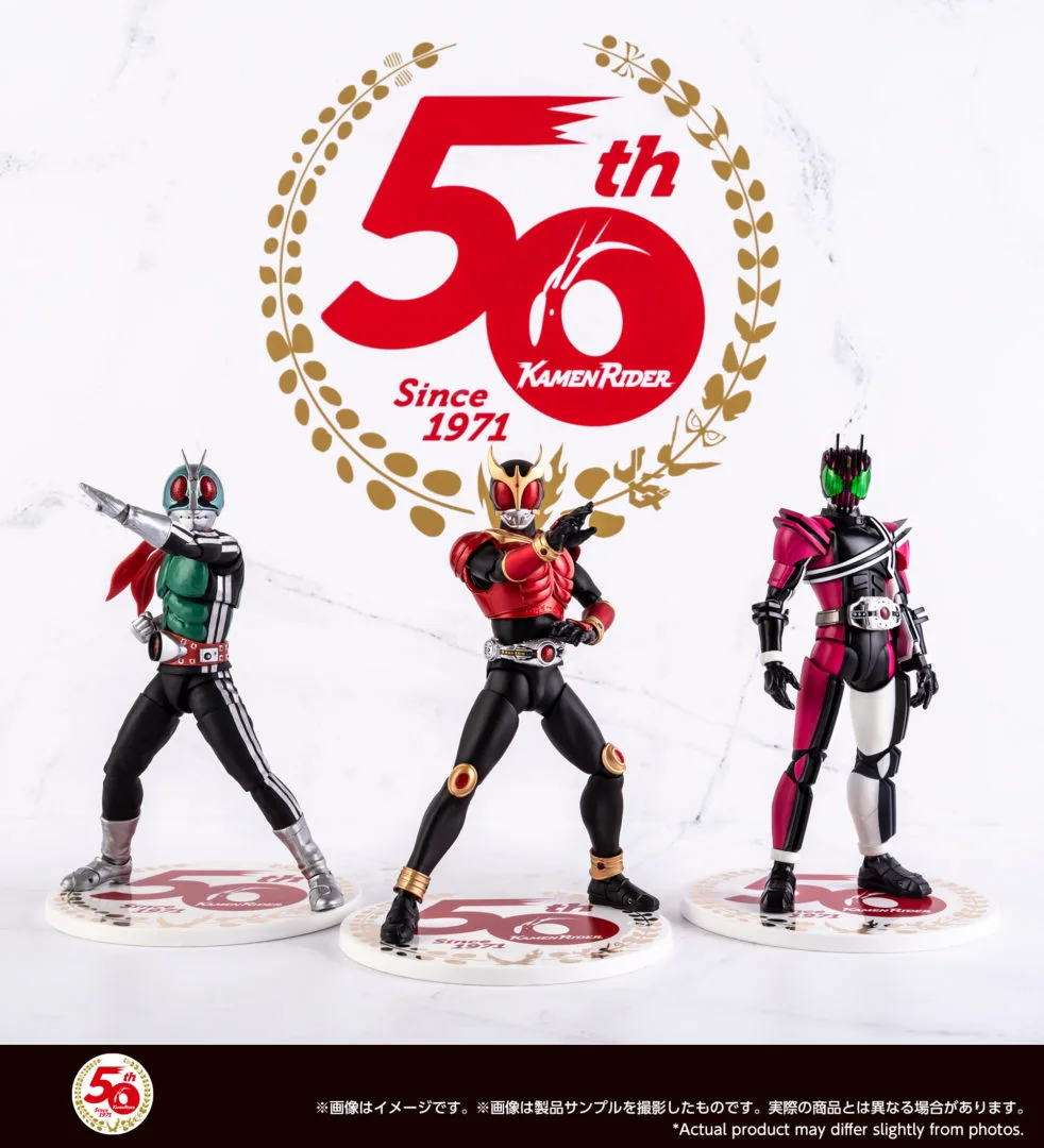 「S.H.Figuarts(真骨彫製法) 仮面ライダークウガ マイティフォーム 50th Anniversary Ver.」 一般店頭販売 発売中
「S.H.Figuarts(真骨彫製法) 仮面ライダーディケイド 50th Anniversary Ver.」 一般店頭販売 2022年4月発売予定
「S.H.Figuarts(真骨彫製法) 仮面ライダー新1号 50th Anniversary Ver.」 一般店頭販売 発売中